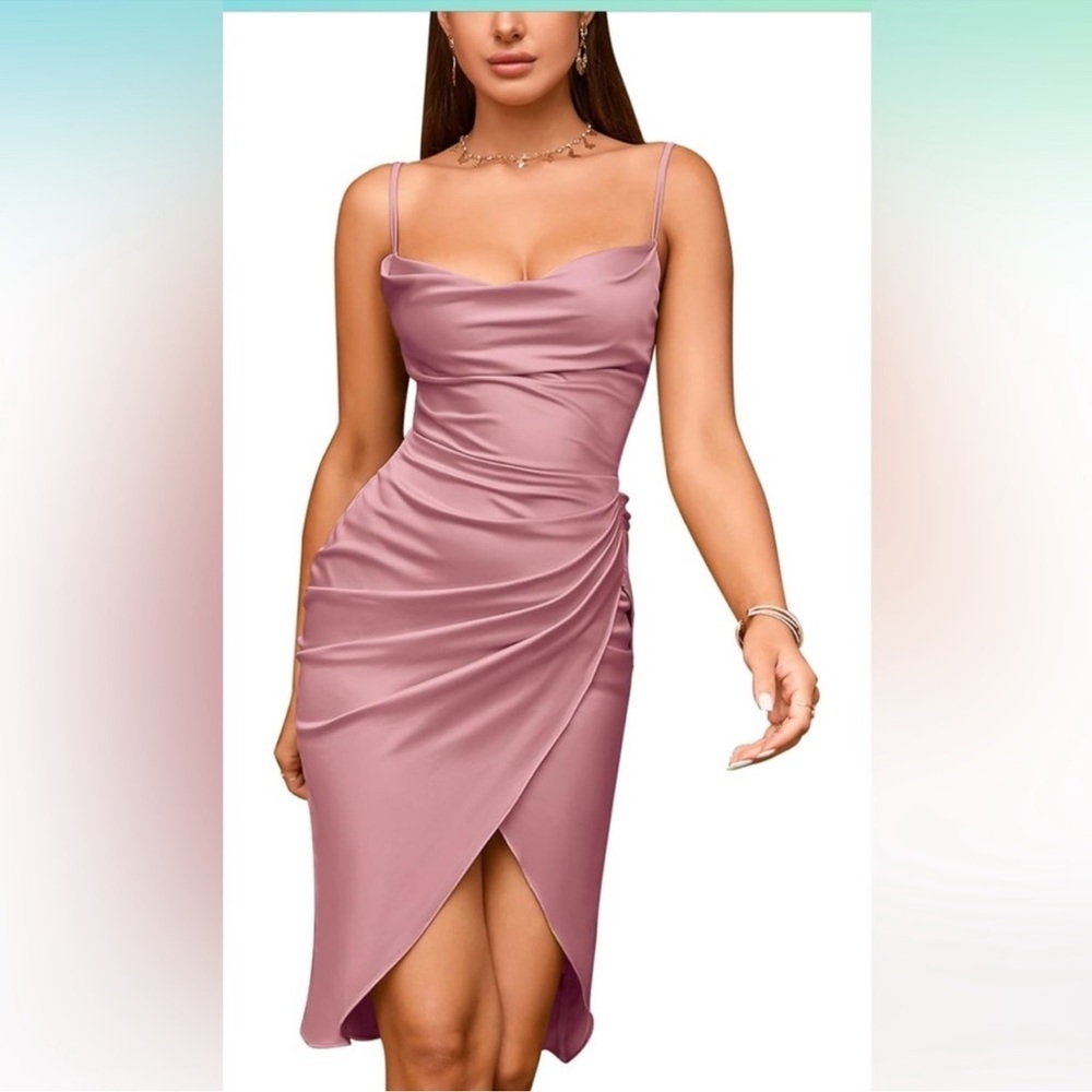 HTZMO NWT Satin Slip Dress Cowl Neck Backless Ruched Bodycon Sexy Club M…